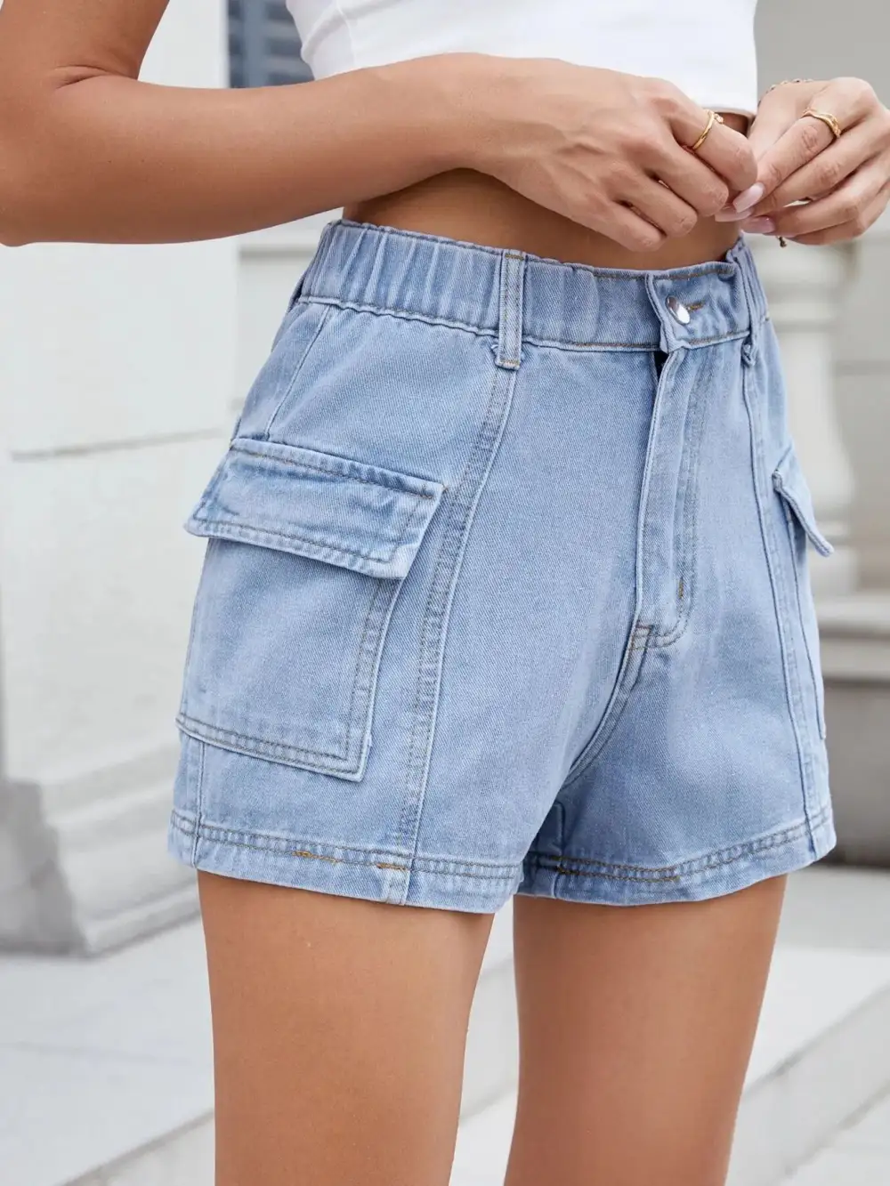 High-Waist Cargo Denim Shorts