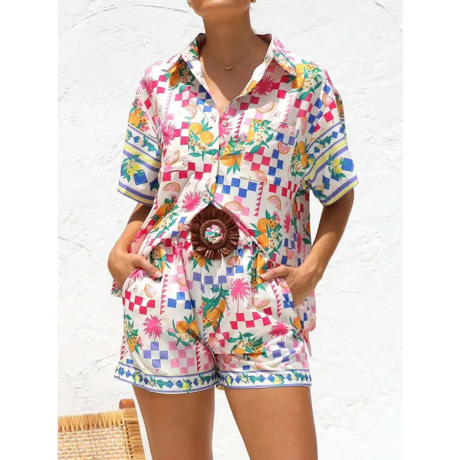 Printed Button Down Short Sleeve Top and Shorts Set