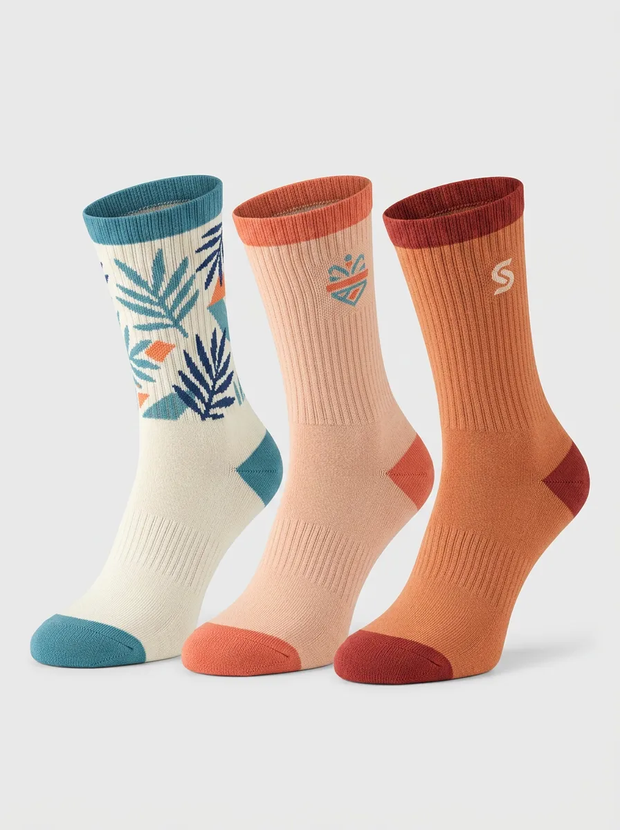 Unisex Tropical-Leaf Leaf Heart Three-Pair Embroidered Crew Socks