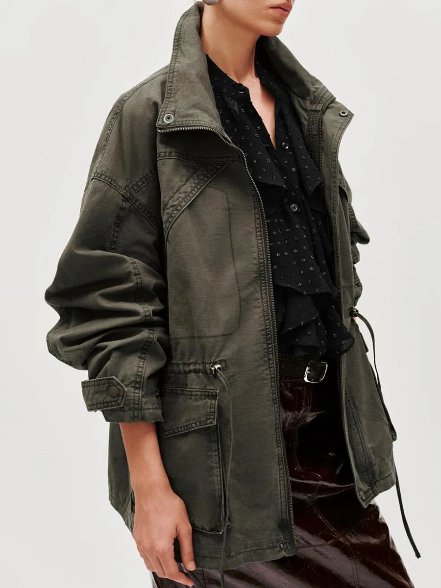 Ladies' Green Lapel Casual Long Jacket