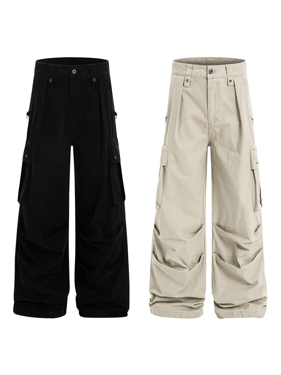 Pleated Multi Pocket Parachute Wide Leg Cargo Pants