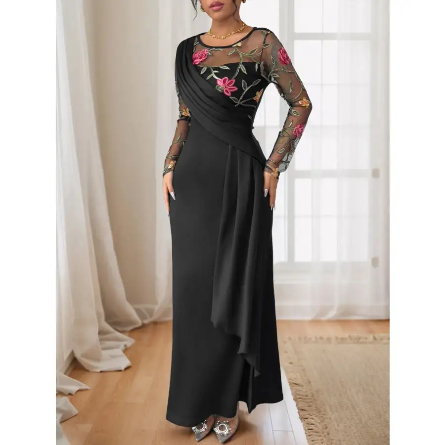Floral Mesh Sleeve Ruched Maxi Dress