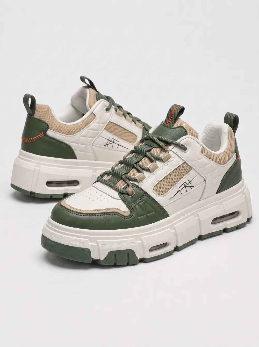 Men's Casual Olive Green Beige Colorblock Printed Sneakers