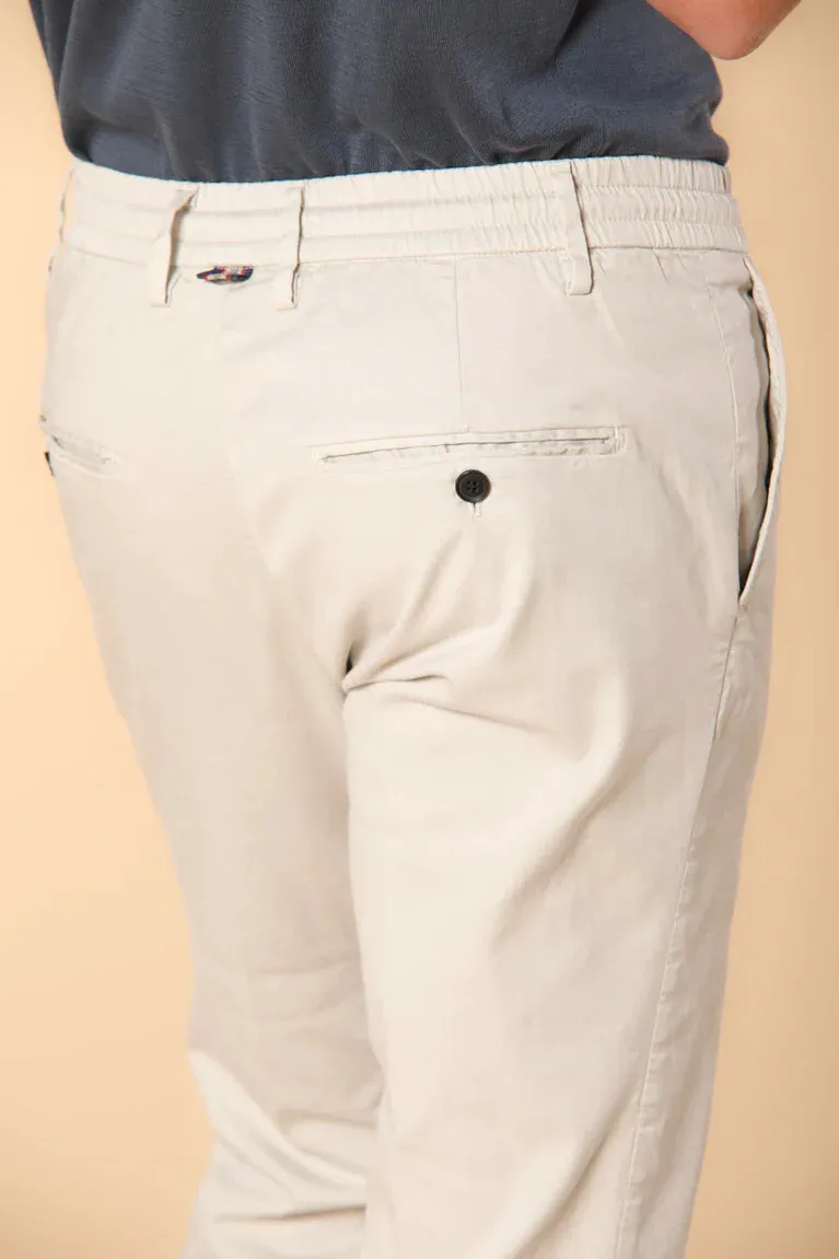 Men's Beige Cotton Twill Elastic Waist Slim Fit Trousers