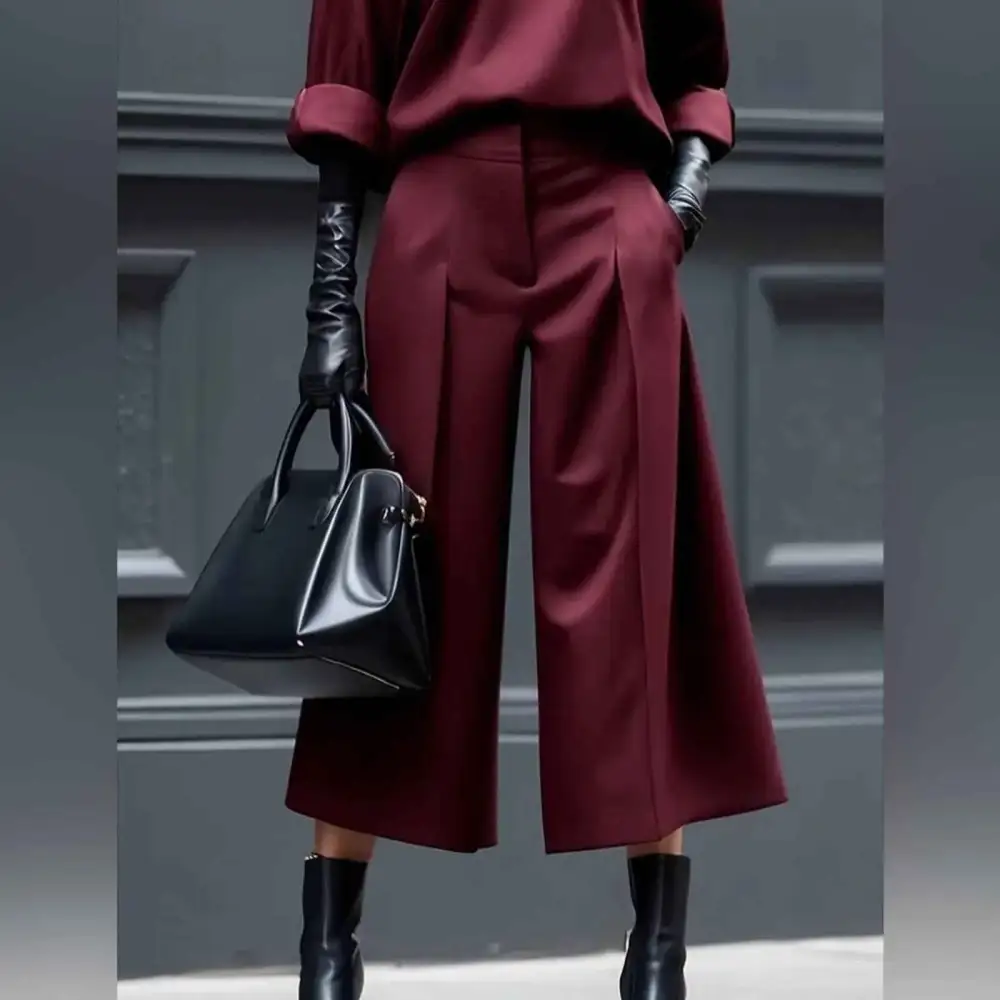 Loose Fit Pleated Zipper Fly Polyester Trousers Culottes