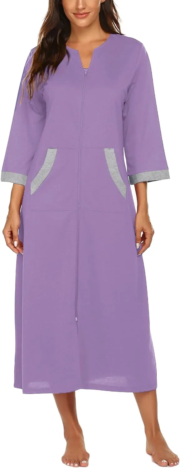 50% OFF Women Zipper Robe 3/4 Sleeves Loungewear Dress Full Length Sleepwear Pockets Housecoat Nightgown Long Bathrobe