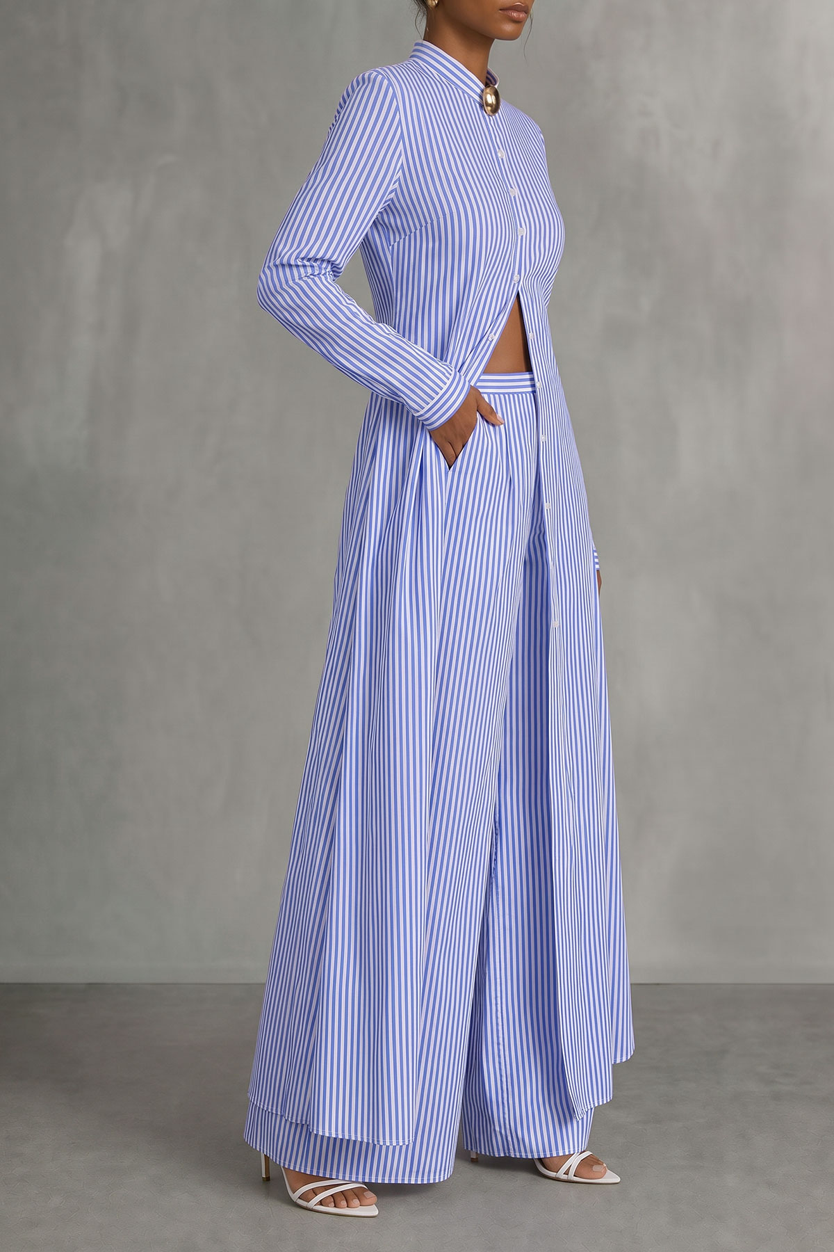 Button Front Striped Metal Detail Matching Pants Set
