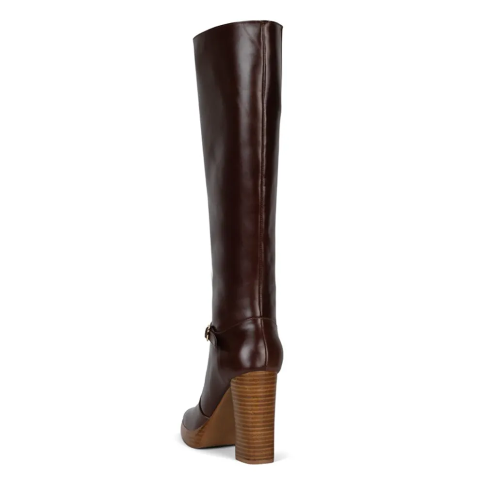 Buckle-Detail Square-Toe Chunky-Heel Block-Heel Knee-High Boots