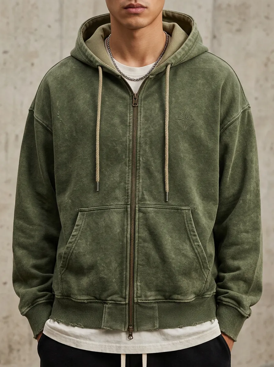 Men's Vintage Style Compass Logo Embroidered Zip Up Hoodie