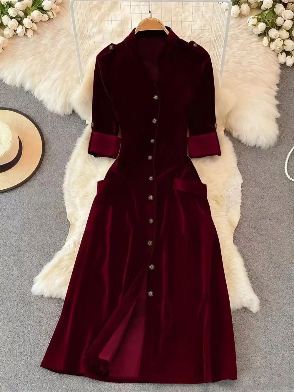 Velvet Button Front Midi Dress