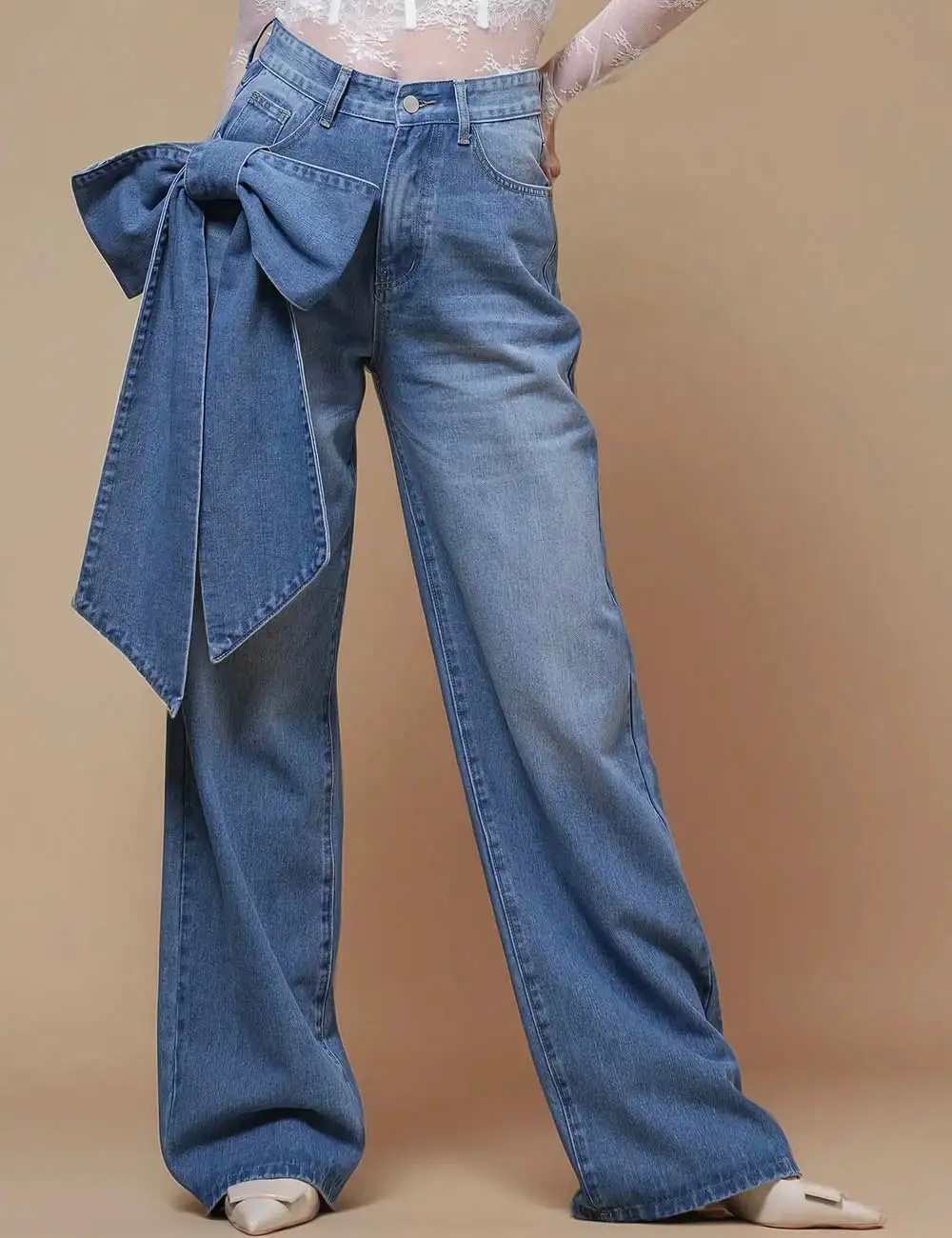 Straight Leg Denim Pants Bowknot Jeans