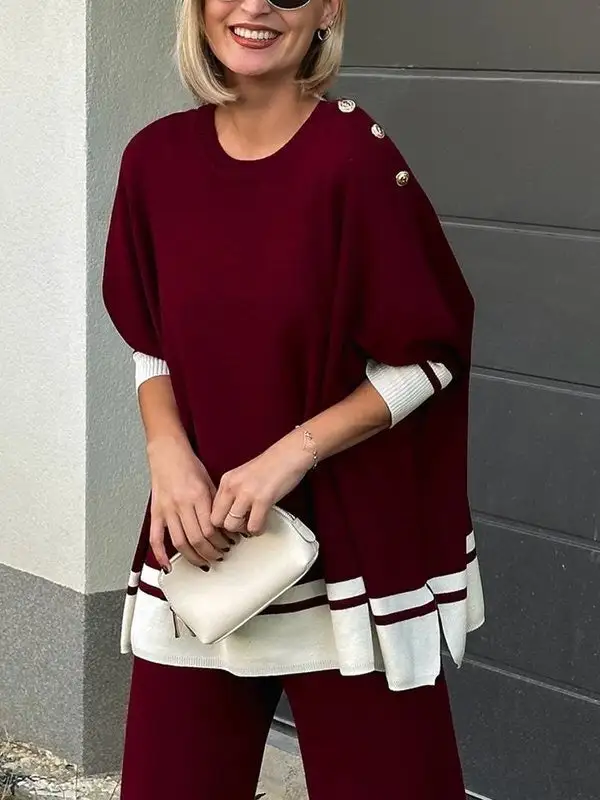 High Low Split Hem Button Detail Round Neck Long Sleeve Pullover Sweater