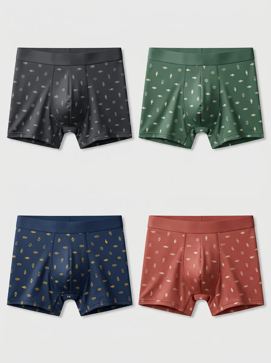Men's Multicolor Patterned Fish Pattern Trunk Briefs 4-Pack