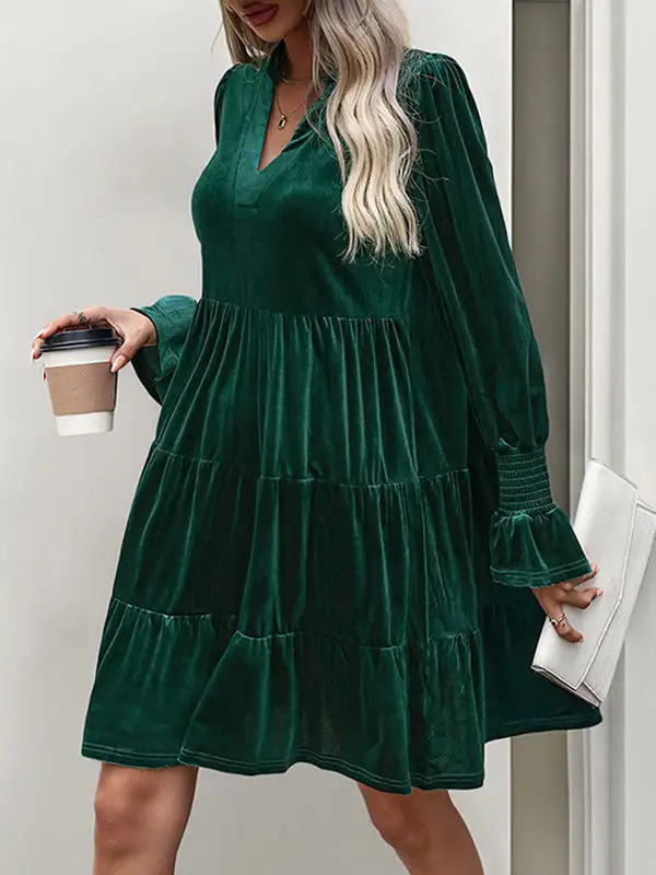A Line Long Sleeve Pleated Solid Color Velvet V Neck Mini