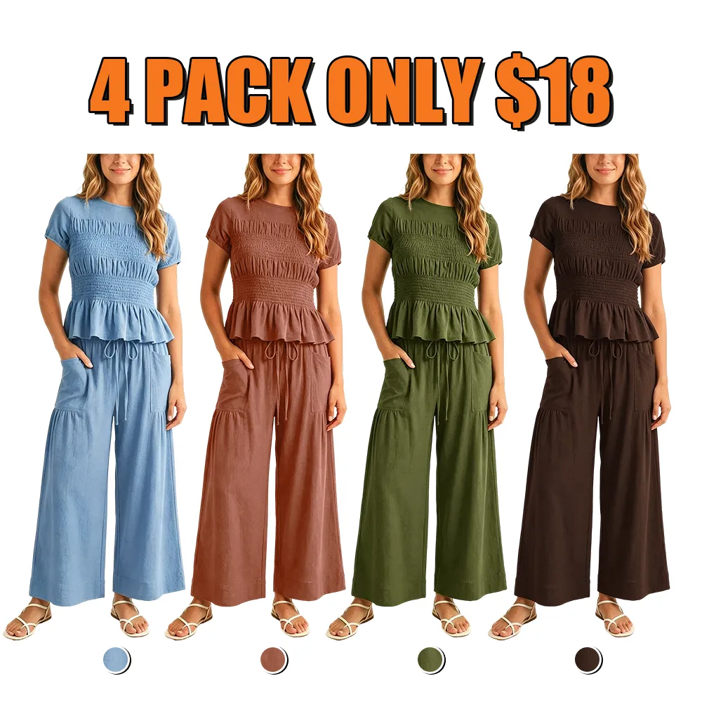 Women's 2-Piece Smocked Top and Wide-Leg Pants Set
