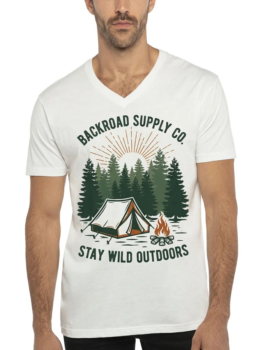 Men's Camping Lover Forest Tent Campfire Printed V-neck T-shirt