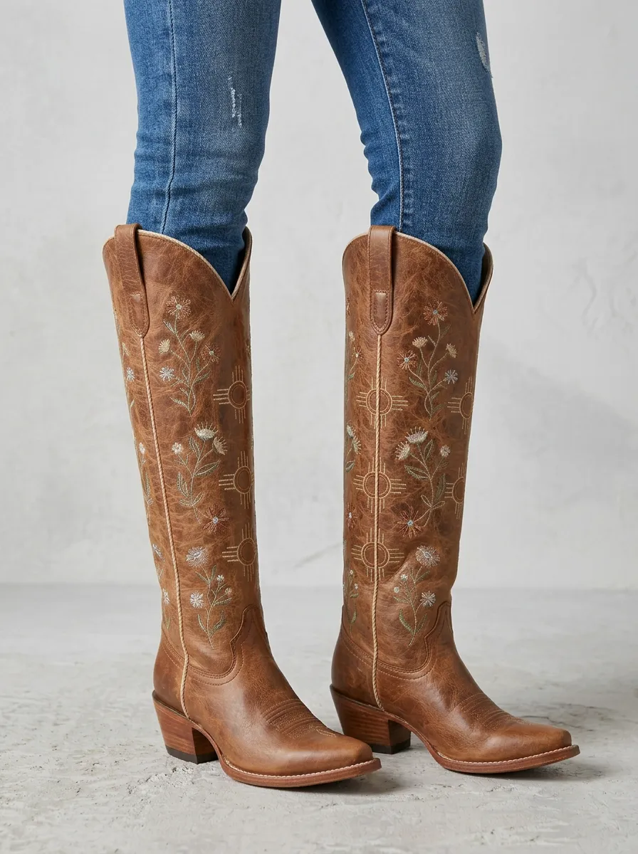 Women's Western Floral Sun Wing Geometric Embroidered Piped Denim Over-the-Knee Boots