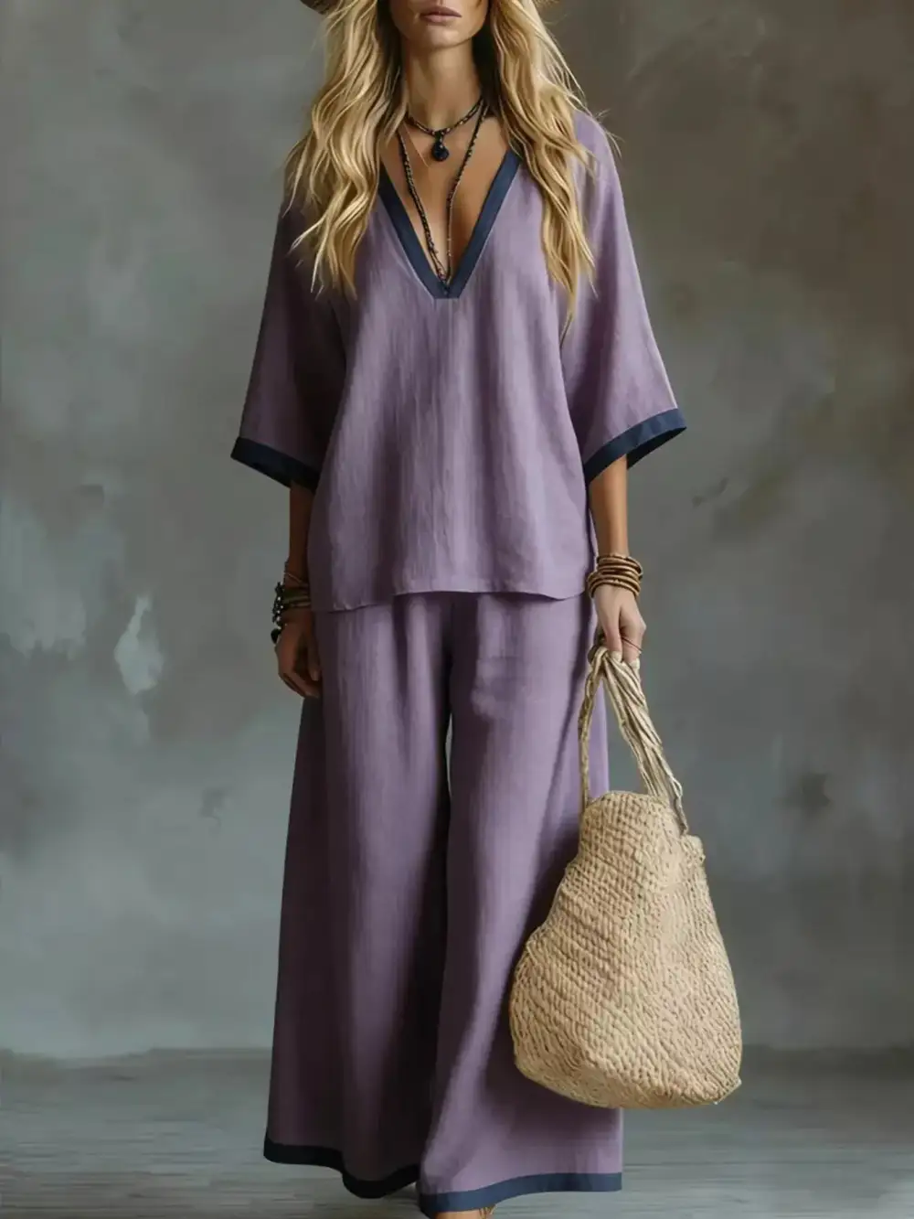 Contrast Trim V Neck Top and Pants Set