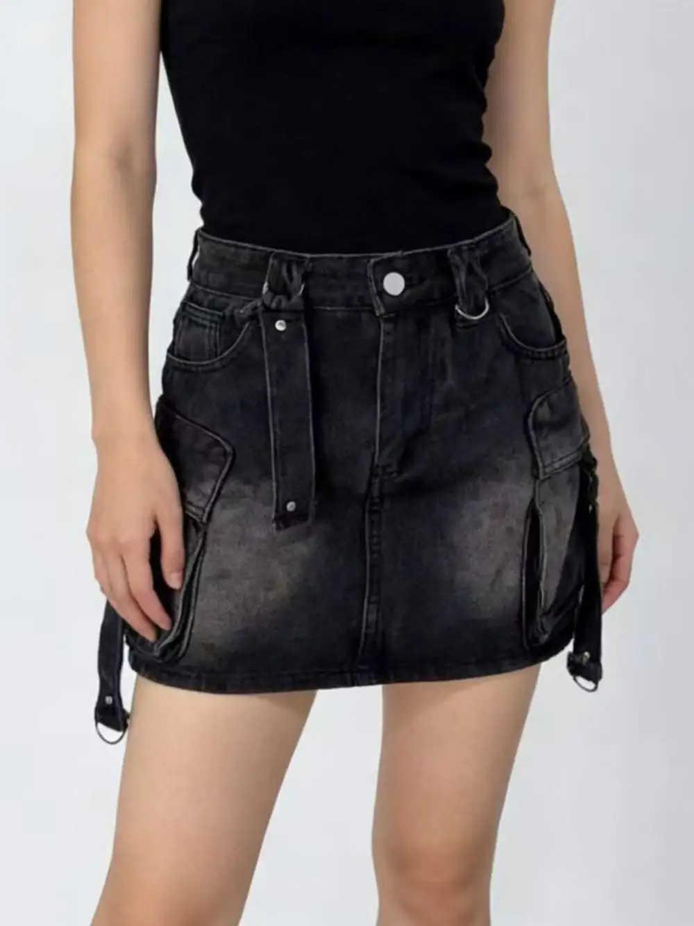 Comfort Button Front Denim Detail Skirt