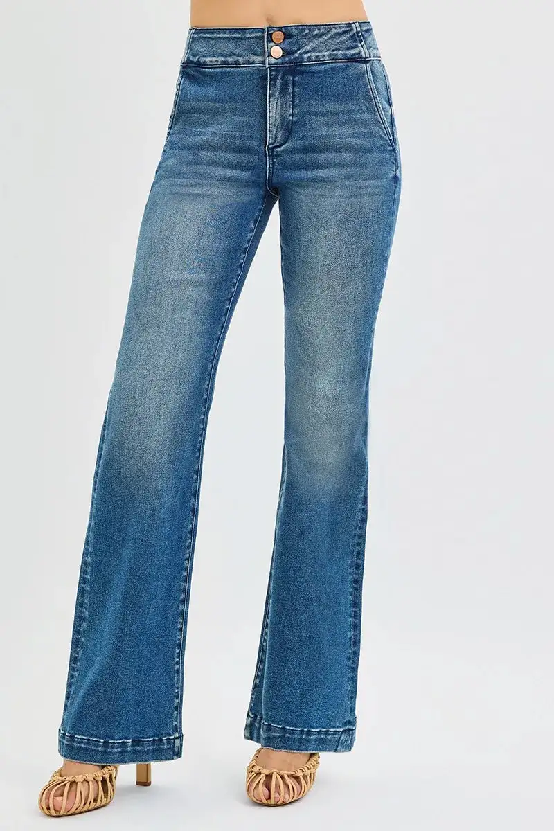 High Rise Bootcut Jeans With Double Button Waistband