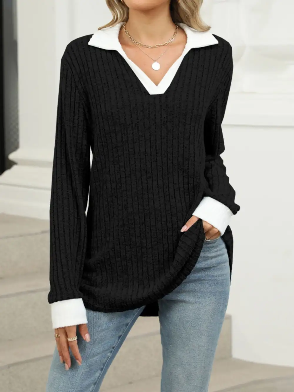 Modern Ribbed Knit Long Sleeve T-Shirt
