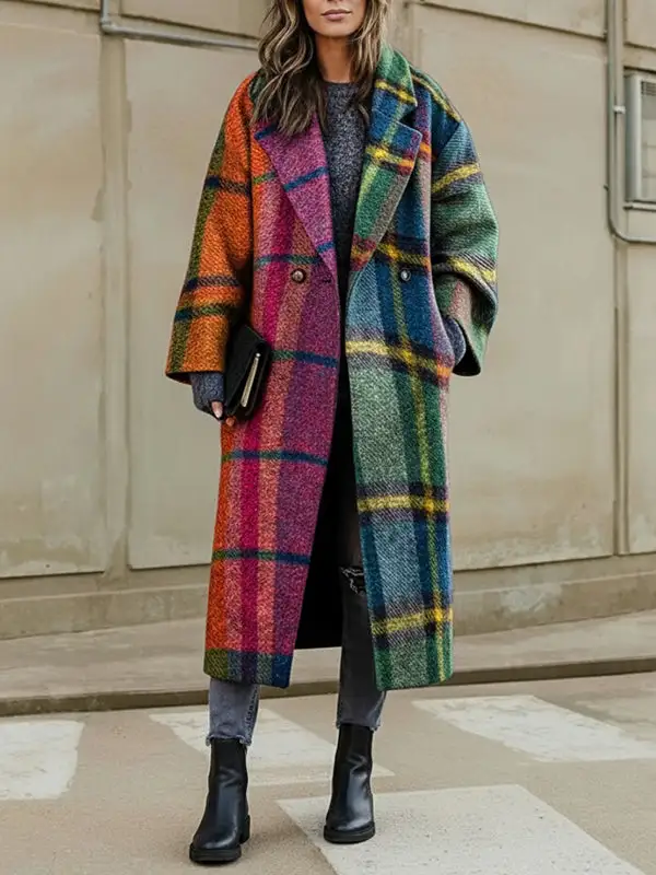 Lapel Plaid Contrast-Panel Wool-Blend Relaxed Outerwear Coat