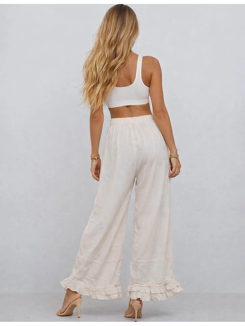 Elastic Waist Drawstring Ruffle Hem Wide Leg Pants