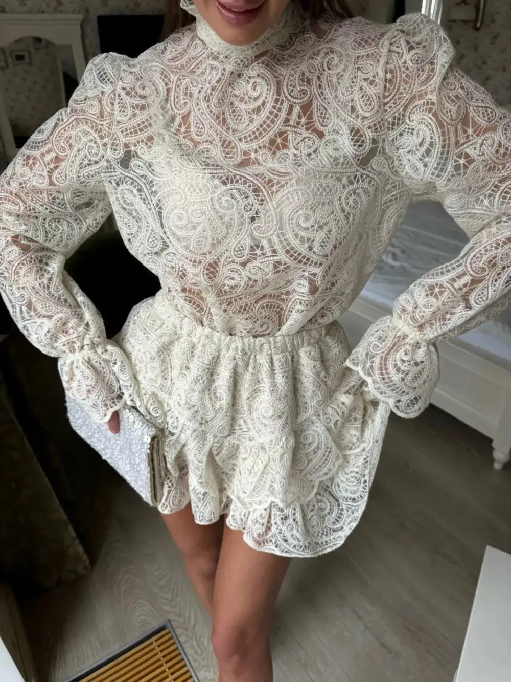 Relaxed Lace Long Sleeve Top and Skirt Set