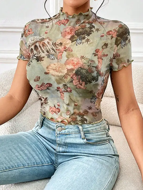 Short Sleeve Slim Fit Figure Floral Print Ruffle Trim Sheer Mock Neck T-Shirt
