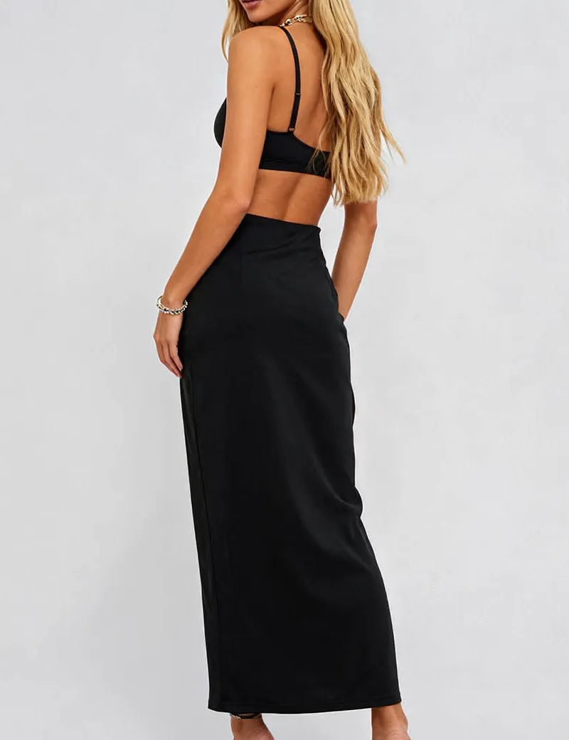 Metal Buckle Split Hip Wrap Midi Skirt