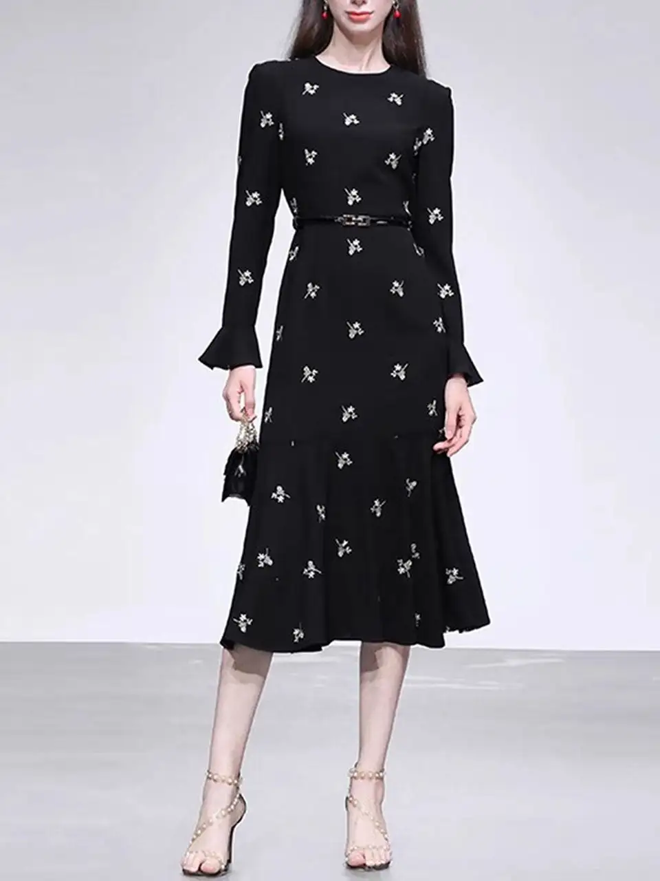 Embroidered Fishtail Midi Dress