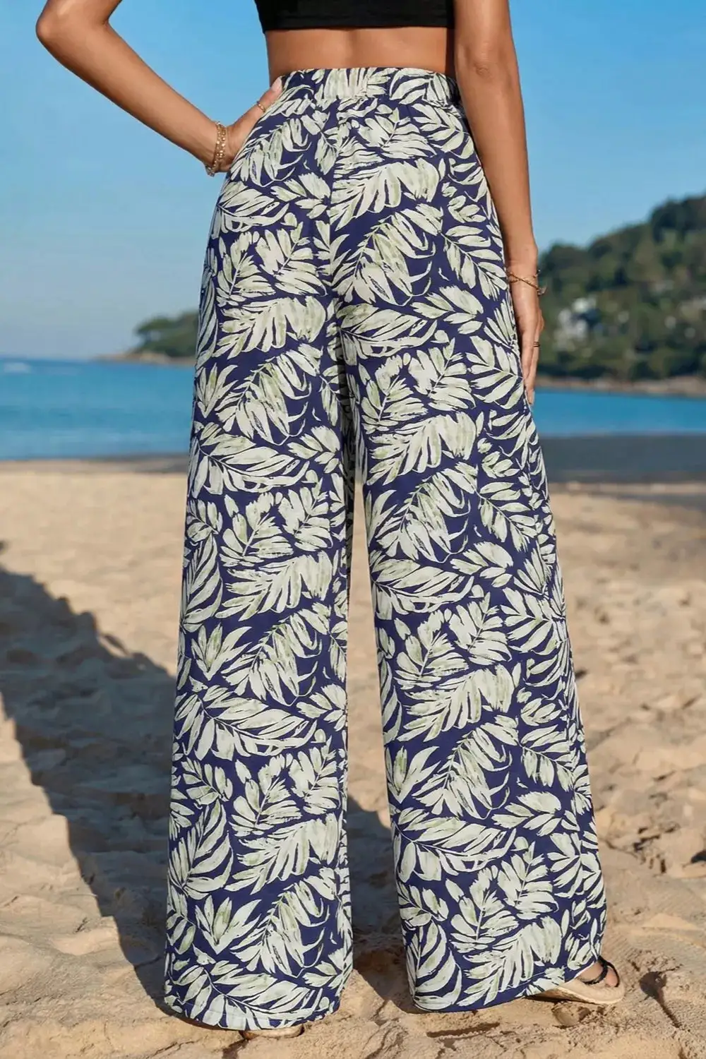 Wide Leg Printed Pocketed Casual Pants
