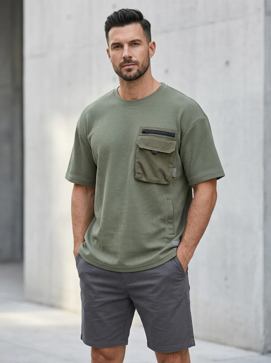 Heritage Waffle Texture Cargo Pocket Utility Look Men's Cargo Pocket T-Shirt