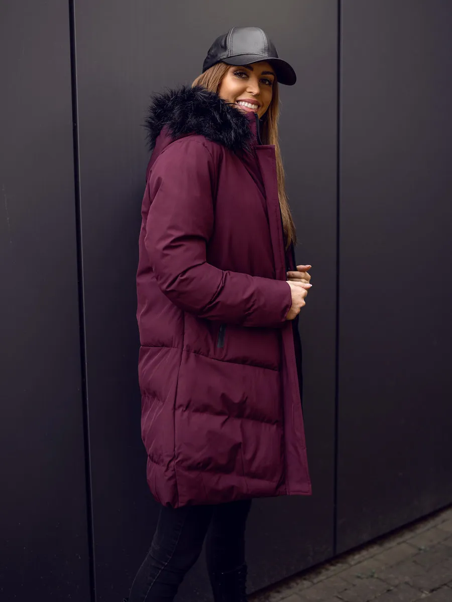 Wine Women's Quilted Winter Jacket With Hood