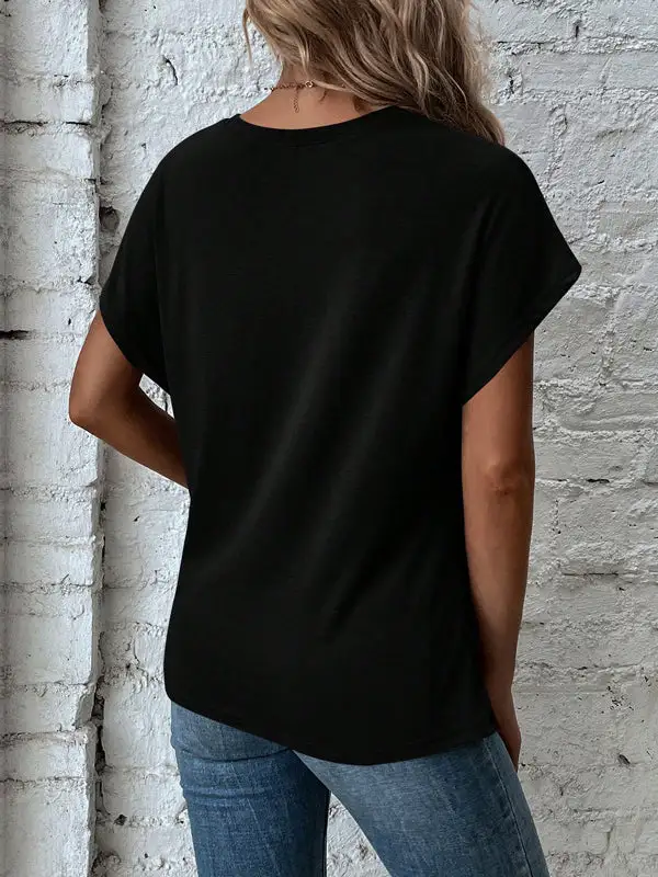 Batwing Sleeve Relaxed Asymmetric Pleat Detail Panel Detail Round Neck T-Shirt