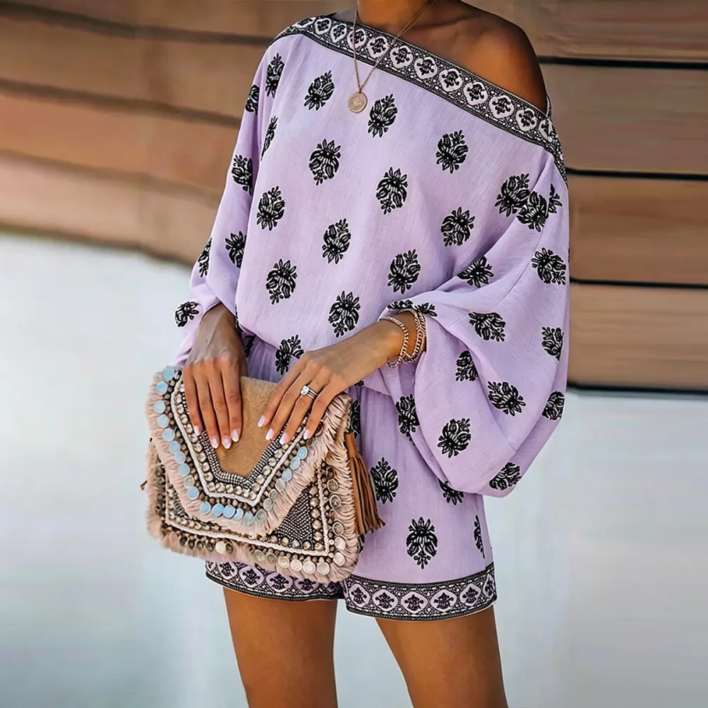Women's 2 Pieces Outfit Boho Lantern Sleeve Linen Top and Shorts Set
