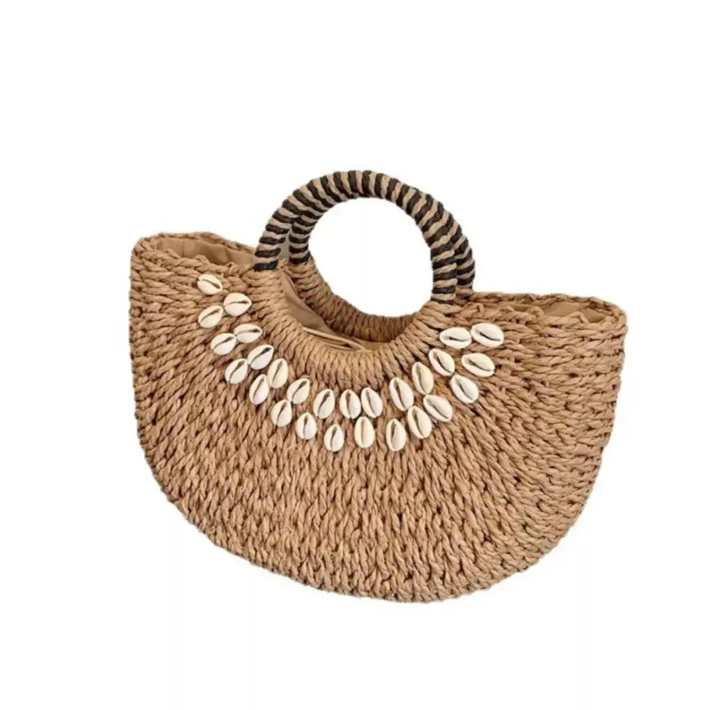 Seashell-Embellished Woven Straw Handbag