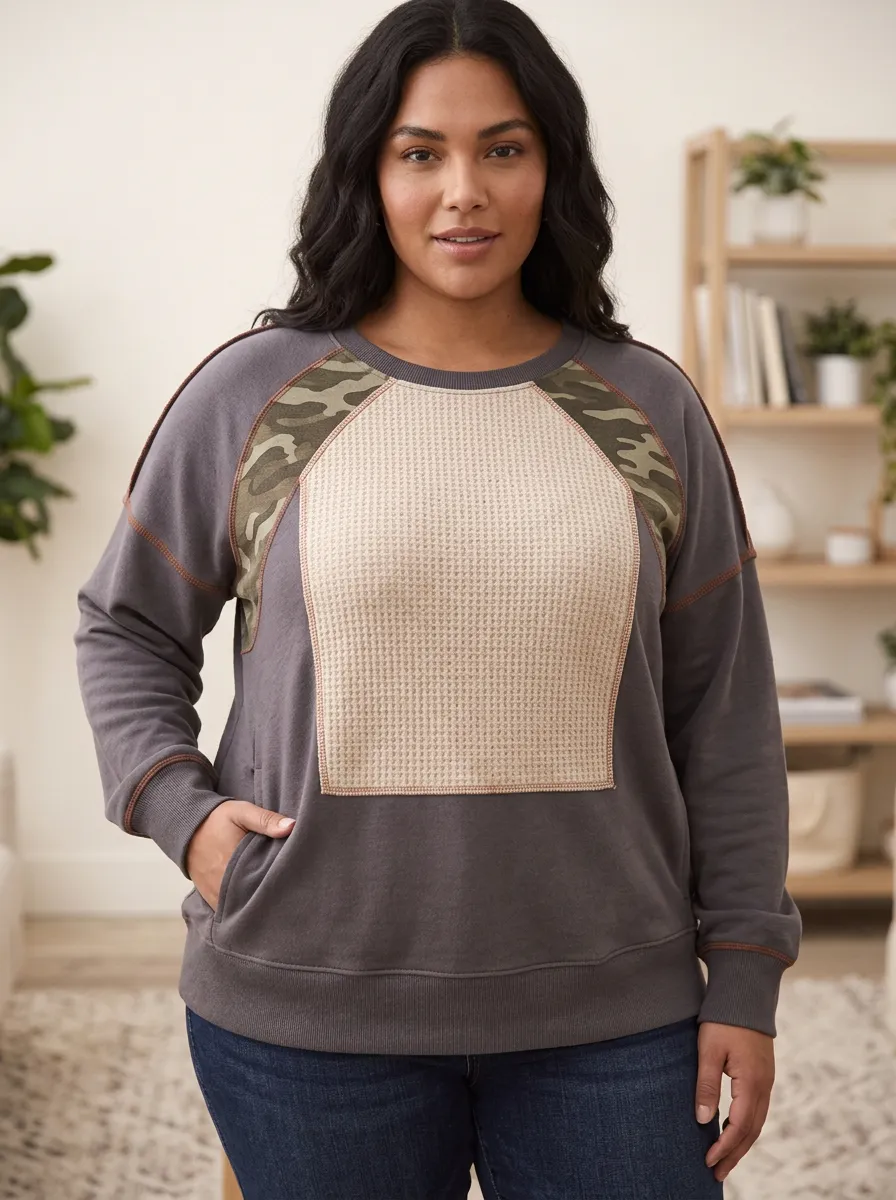 Women's Plus Size Camo Waffle Knit Panel Printed Sweatshirt