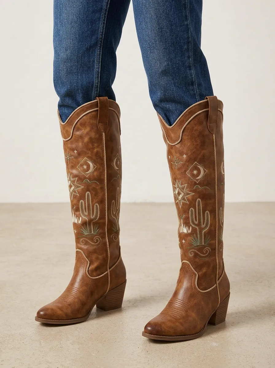 Women's Western Cactus Moon Geometric Star Embroidered Piped Denim Over-the-Knee Boots