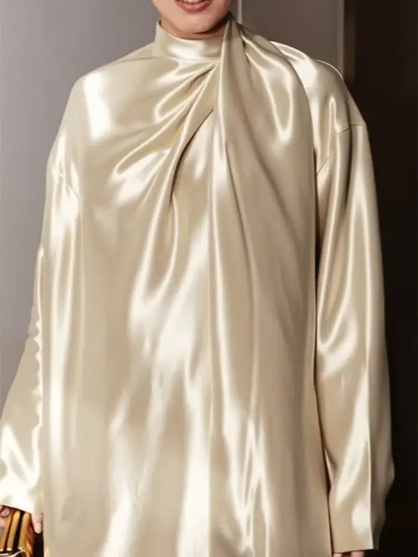 Long Sleeve Relaxed Shiny Solid Color High Neck Mini Dress