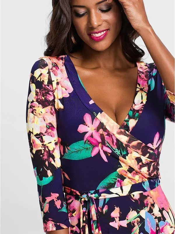 Waisted V-neck Printed Maxi Dress