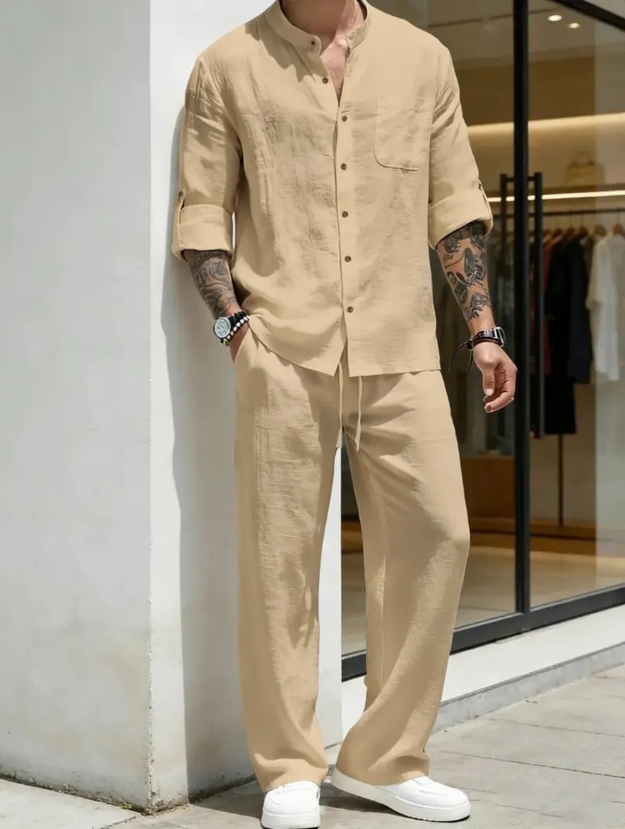 Men's Linen Stand Collar Long Sleeve Casual Suit
