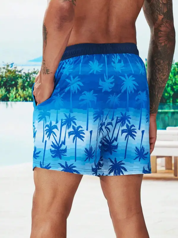 Men's Drawstring Coconut Tree Print Pocket Swim Trunks