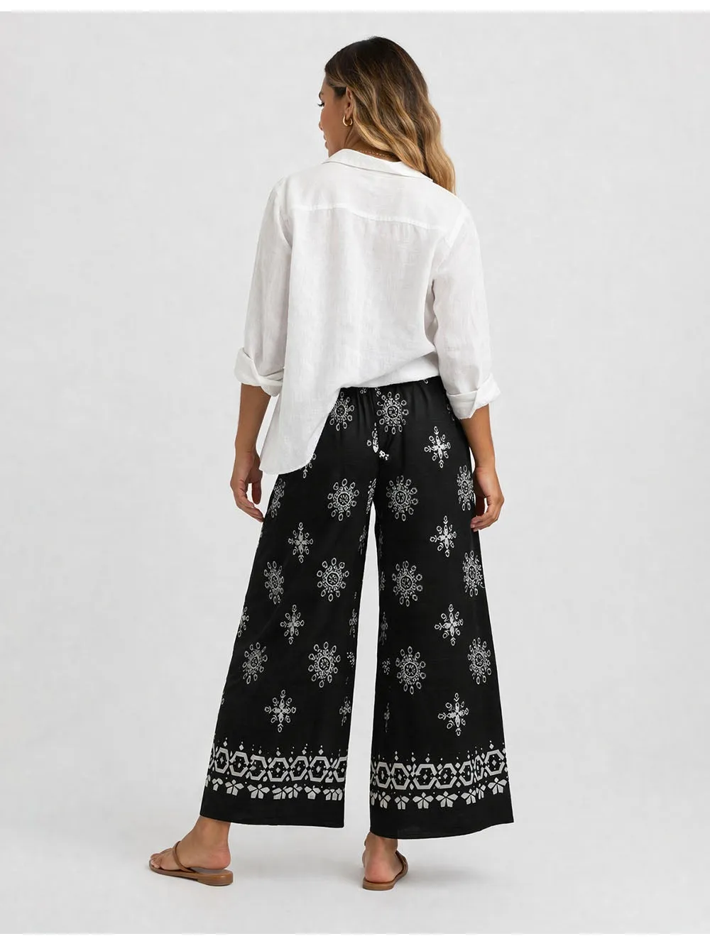 Boho Elastic Waist Lace Up Wide Leg Pants