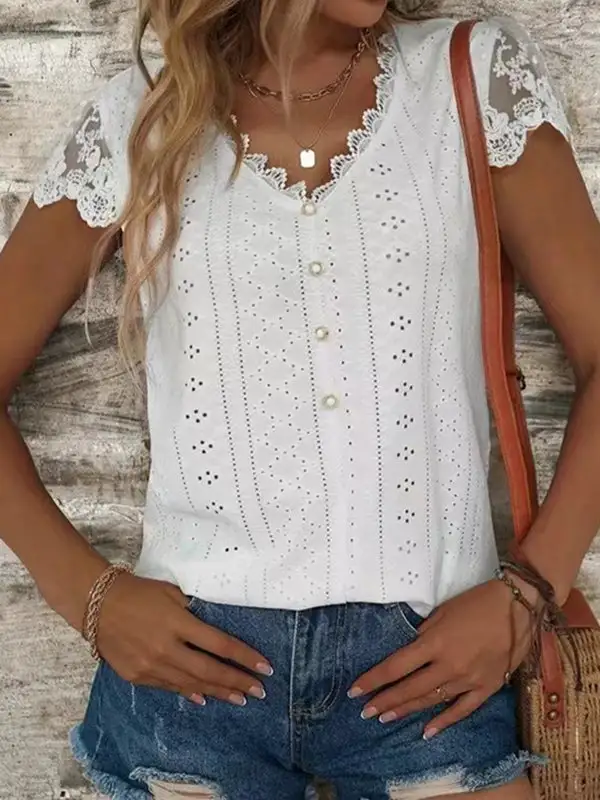Relaxed Short Sleeve Button Detail Cutout Mesh Panel Detail V-Neck T-Shirt