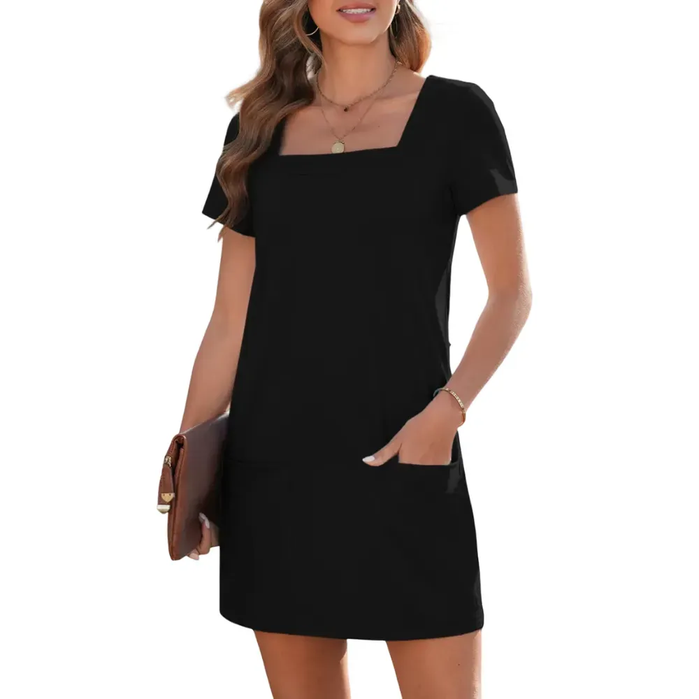 Women's Solid Color Align Dress Short Sleeve Mini Dresses With Pockets