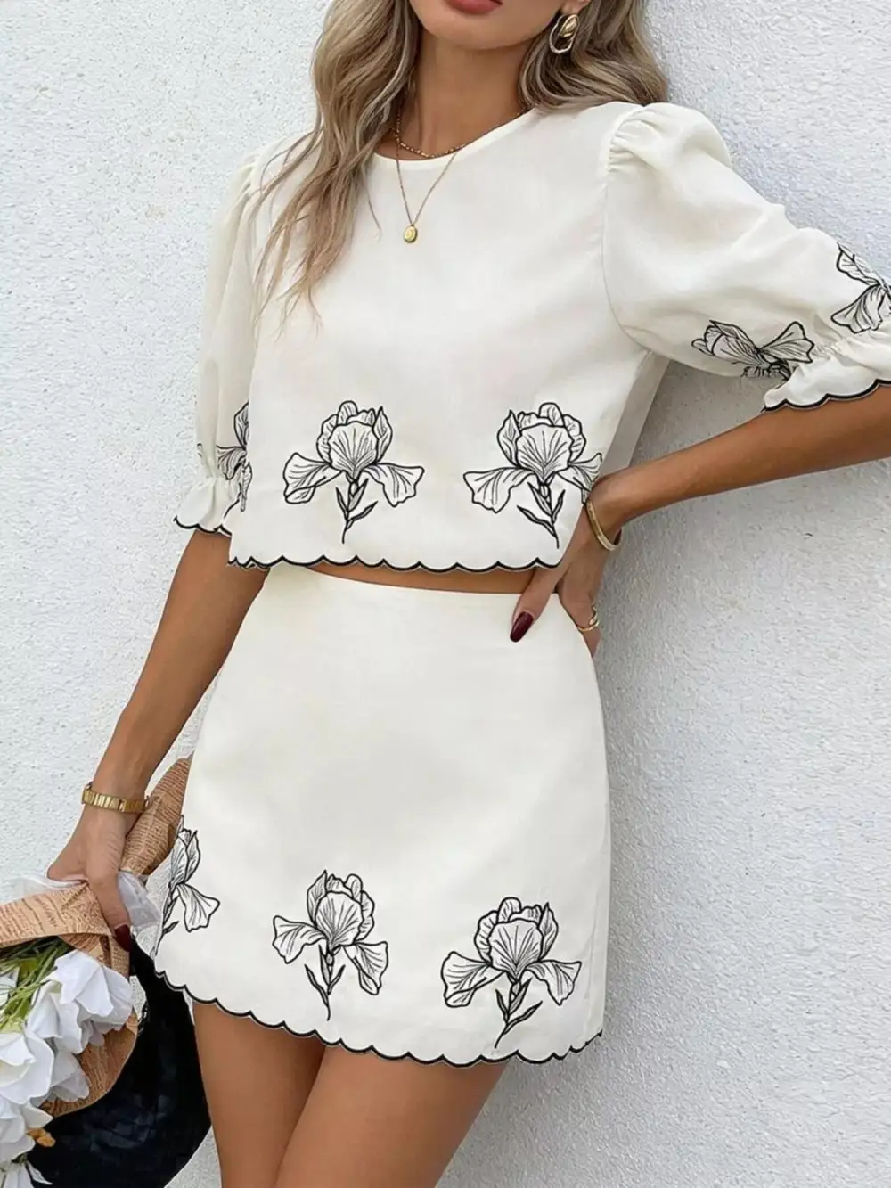 Floral Scallop Trim Top Skirt Set