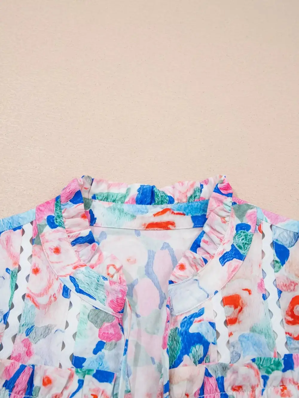 Relaxed V-Neck Ruffled Floral Blouse