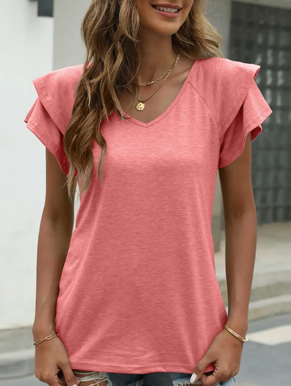 Solid Color V-Neck Ruffle Sleeve T-Shirt