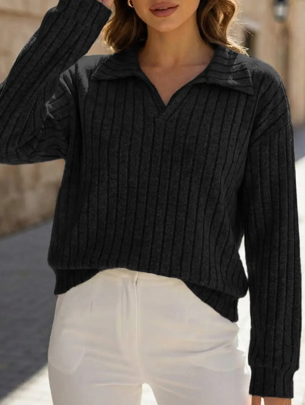 Plus Size Ribbed V-Neck Long Sleeve Tee